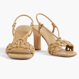 Vince braided leather “Quenelle” slingback heeled strappy sandals in “dune” tan